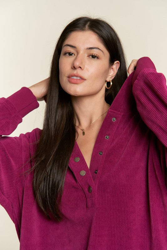 TEEK - Plus Size Button Down Ribbed Hooded Sweatshirt TOPS TEEK FG