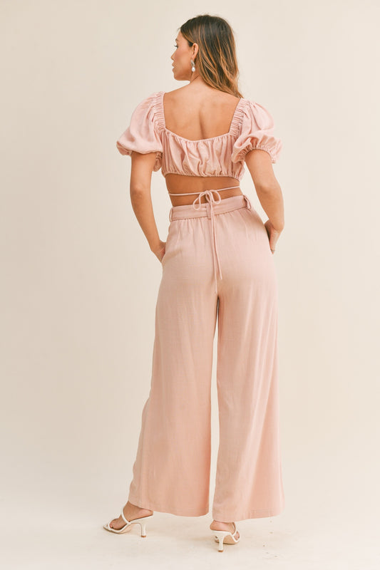 TEEK - Dusty Pink Cut Out Drawstring Crop Top Belted Pants Set SET TEEK Trend