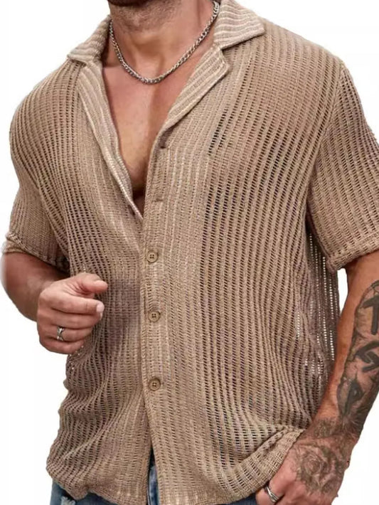 TEEK - Mens Openwork Buttoned Short Sleeve Shirt TOPS TEEK Trend