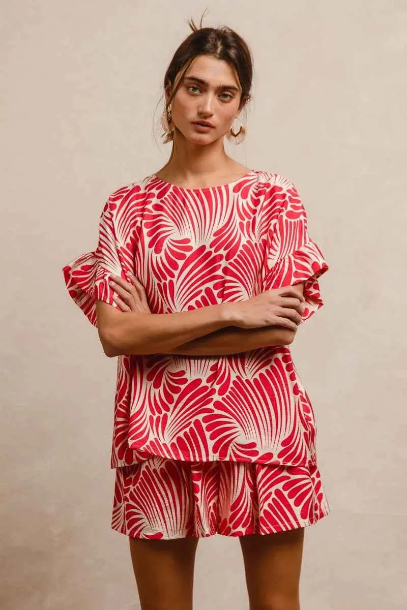 TEEK - Print Woven Ruffled Sleeves Top TOPS TEEK Trend