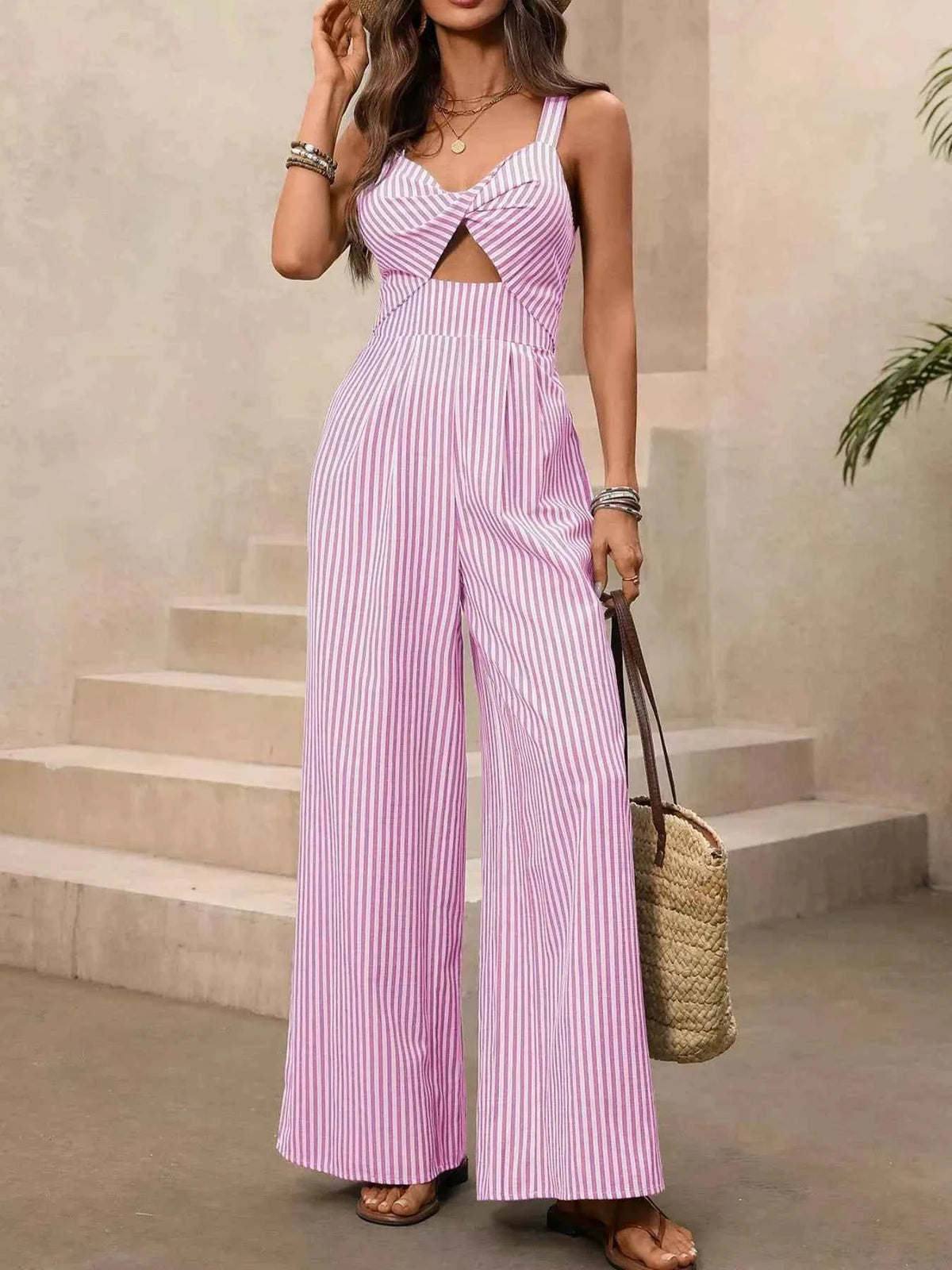 TEEK - Striped Cutout Twist Front Wide Leg Jumpsuit JUMPSUIT TEEK Trend Blush Pink S