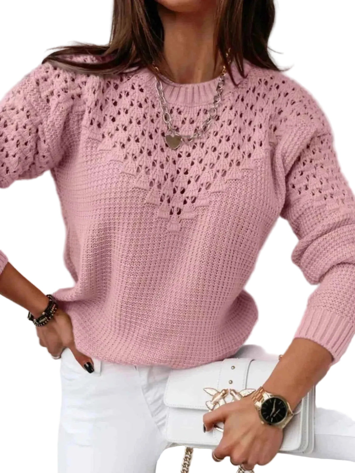 TEEK - Textured Openwork Round Neck Sweater TOPS TEEK Trend Pink S