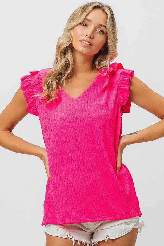 TEEK - Layered Ruffles Armhole V-Neck Rib Textured Top TOPS TEEK Trend
