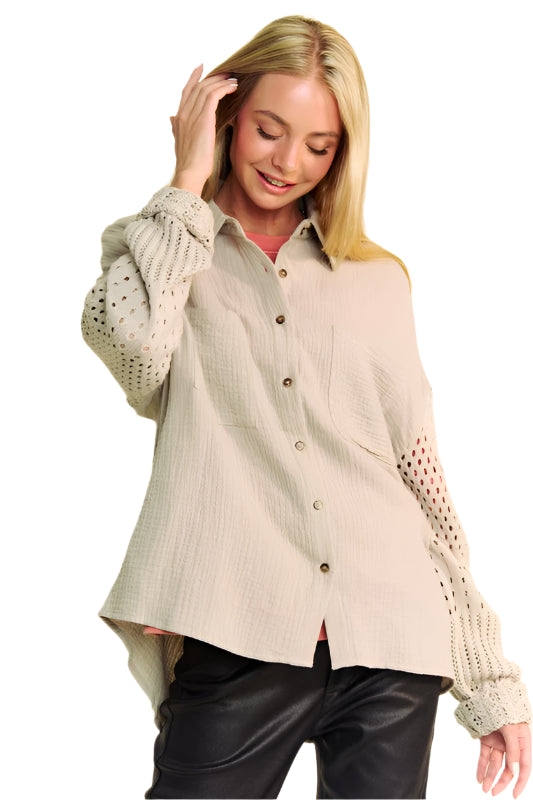 TEEK - Khaki Crochet Sleeve Crinkled Texture Shirt TOPS TEEK Trend S