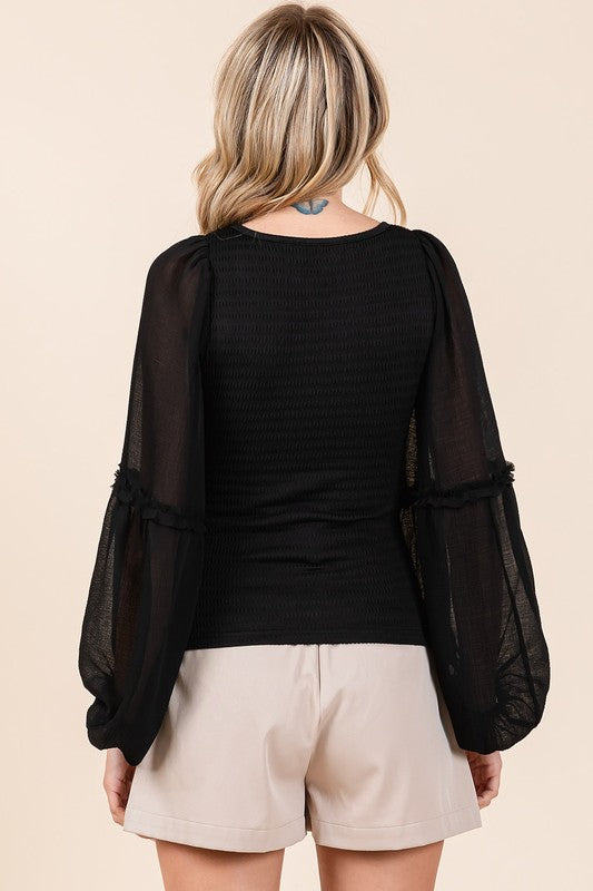 TEEK - Black Mixed Texture Knit Chiffon Long Sleeve Top TOPS TEEK Trend