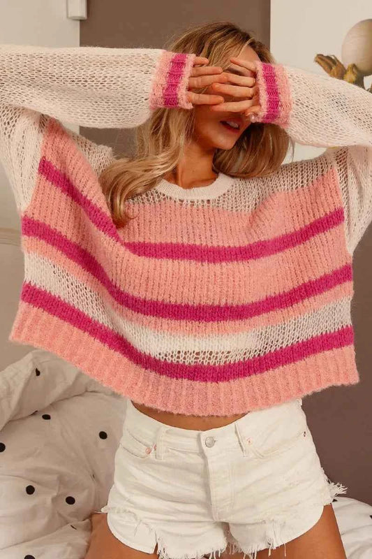 BiBi Hollow Out Yoke Detail Striped Sweater Trendsi