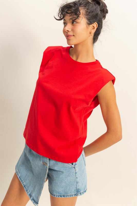TEEK - Red Round Neck Shoulder Pad Sleeveless Top TOPS TEEK Trend