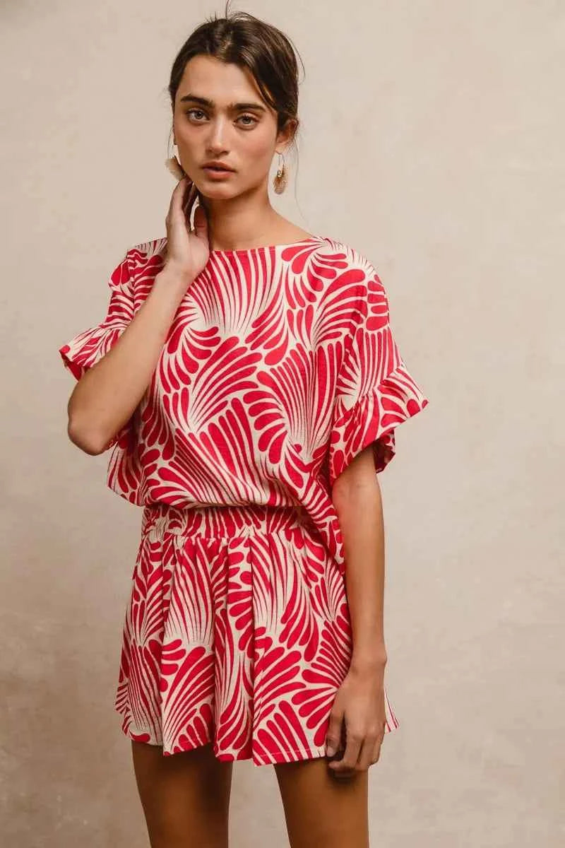 TEEK - Print Woven Ruffled Sleeves Top TOPS TEEK Trend