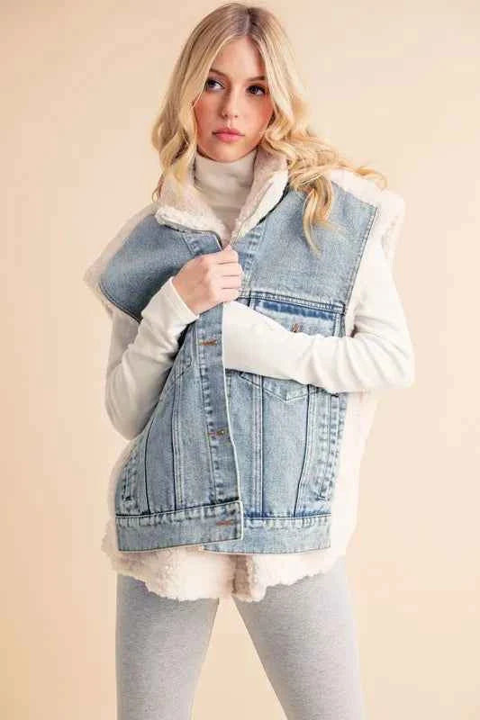 TEEK - Fake Two Pieces Denim Patch Sherpa Vest Coat VEST TEEK Trend