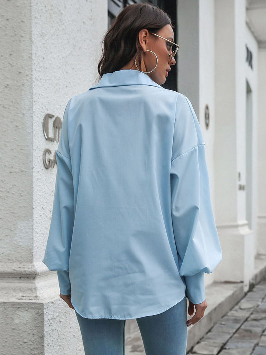 TEEK - Button Up Dropped Shoulder Lantern Sleeve Shirt TOPS TEEK Trend