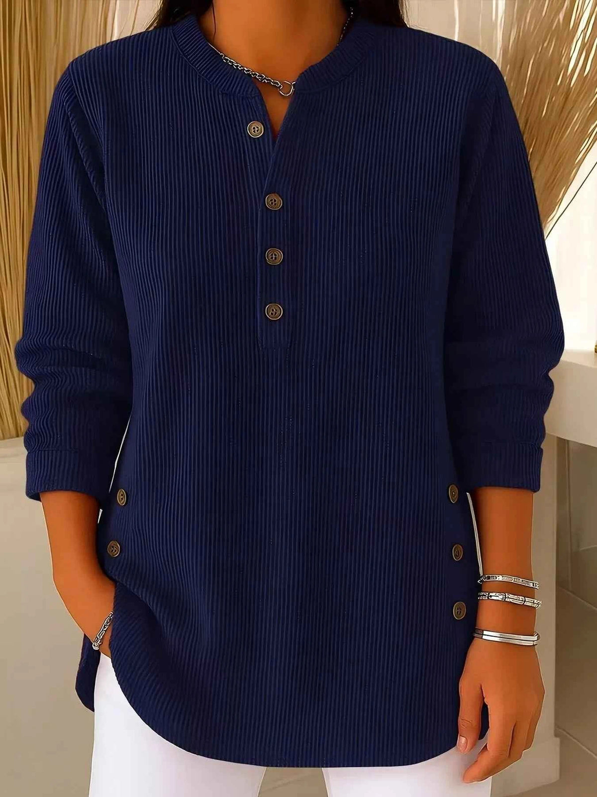 TEEK - Full Size Ribbed Half Button Henley Top Plus Size TOPS TEEK Trend Navy Blue S