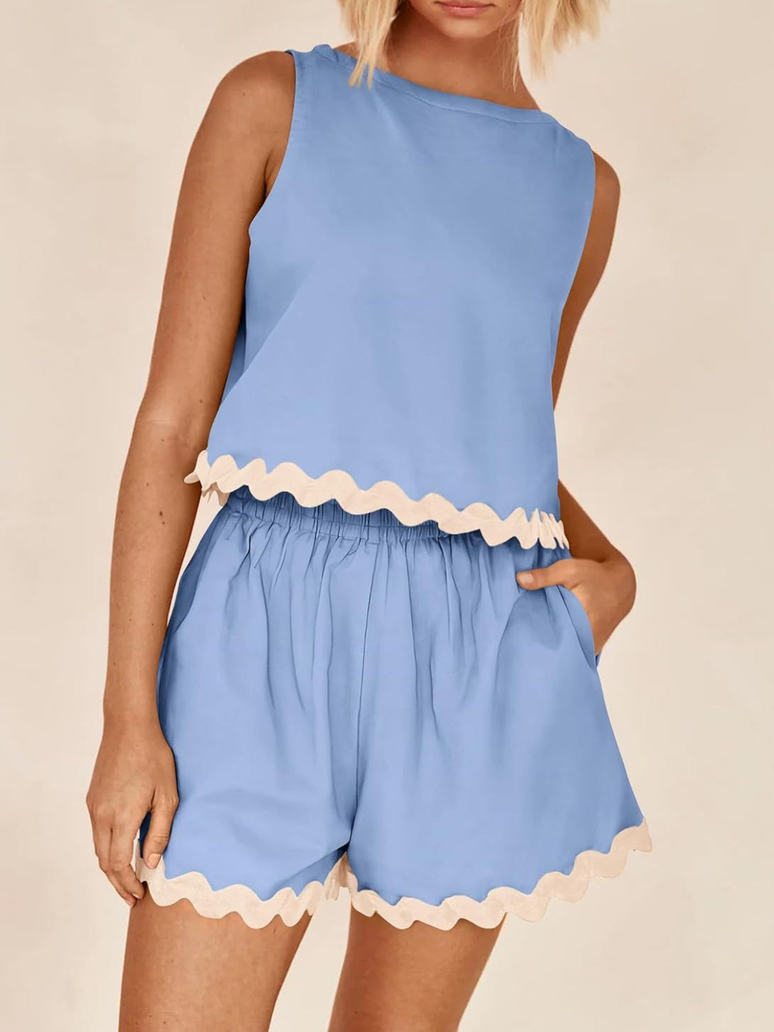 TEEK - Contrast Trim Sleeveless Top and Shorts Set SET TEEK Trend Misty Blue S