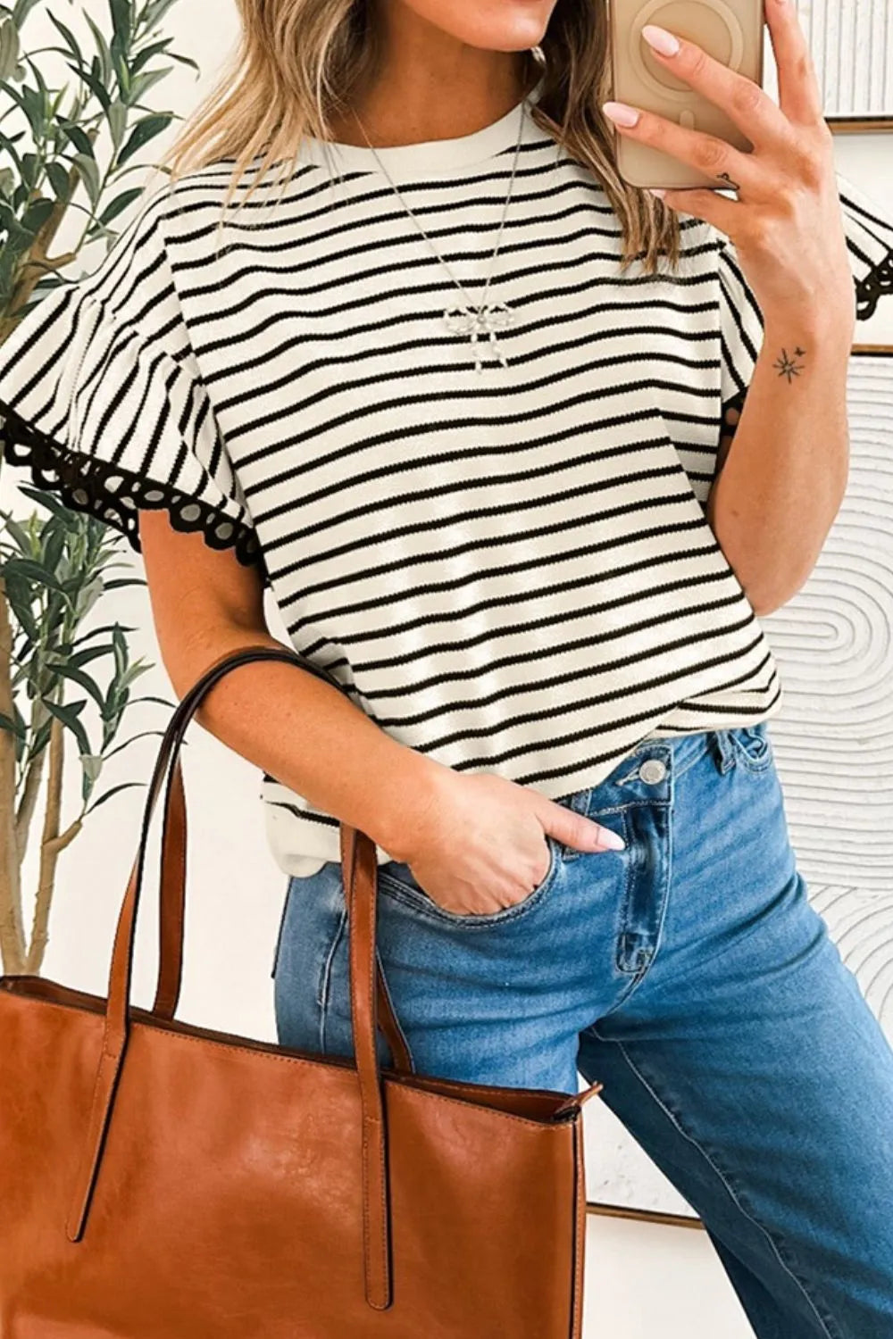 TEEK - Striped Round Neck Ruffle Sleeve Blouse JEANS TEEK Trend