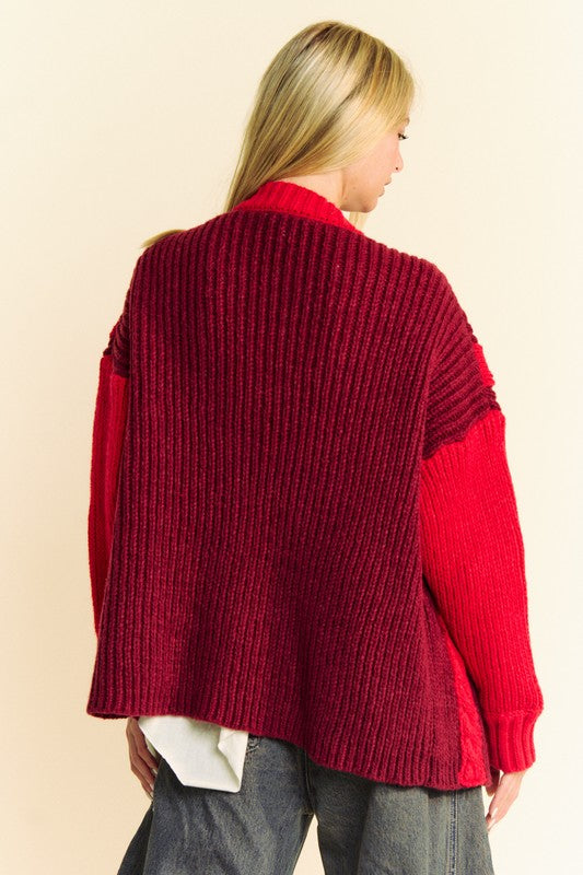 TEEK - Burgundy Cable-Knit Color Block Open Front Cardigan SWEATER TEEK Trend