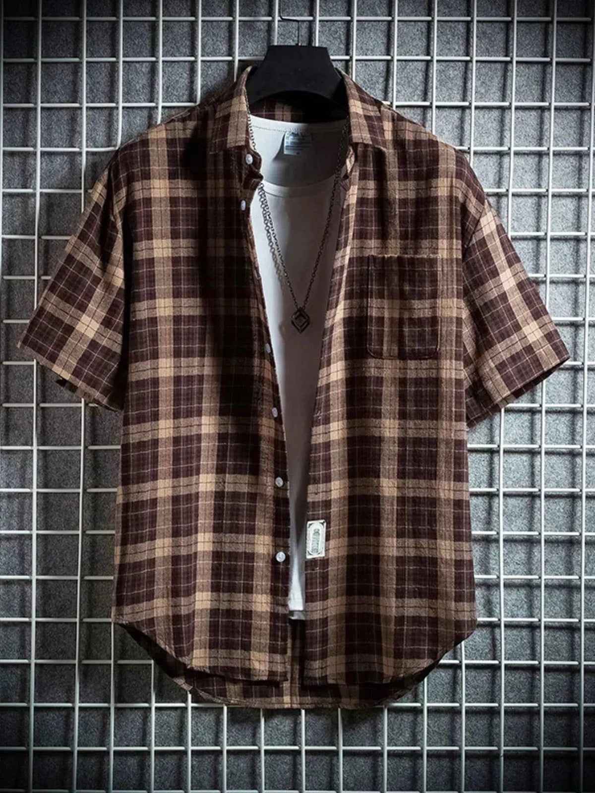 TEEK - Mens Plus Size Casual Plaid Short Sleeve Shirt TOPS TEEK Trend Coffee M