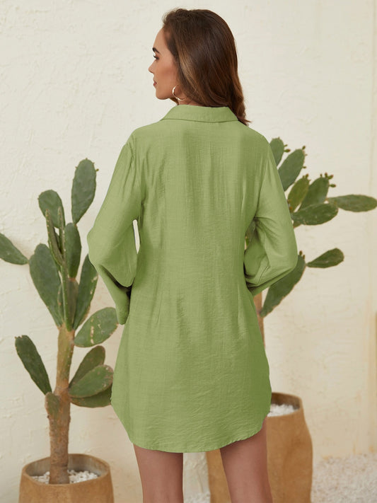 TEEK - Matcha Green Collared Neck Long Sleeve Mini Shirt Dress DRESS TEEK Trend
