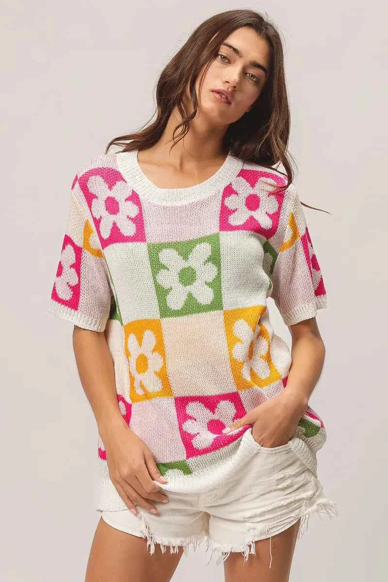 TEEK - Flower Checker Pattern Lightweight Sweater Top TOPS TEEK Trend