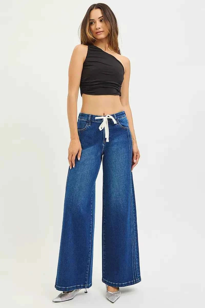 TEEK - Full Size Mid Rise Wide Side Pintuck Jeans with Front Drawstring Plus Size JEANS TEEK Trend