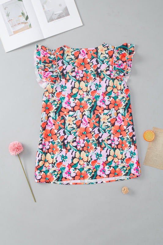 TEEK - Floral Ruffled V-Neck Cap Sleeve Blouse TOPS TEEK Trend