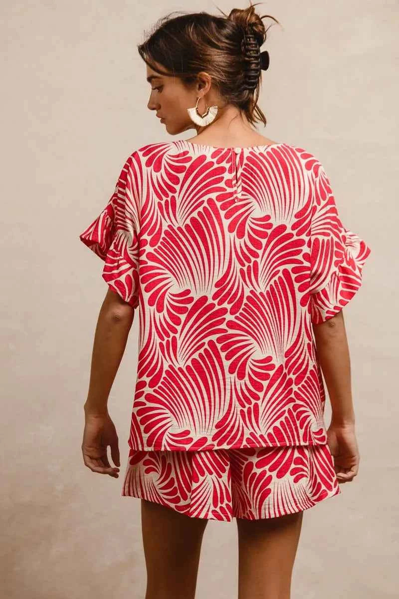 TEEK - Print Woven Ruffled Sleeves Top TOPS TEEK Trend