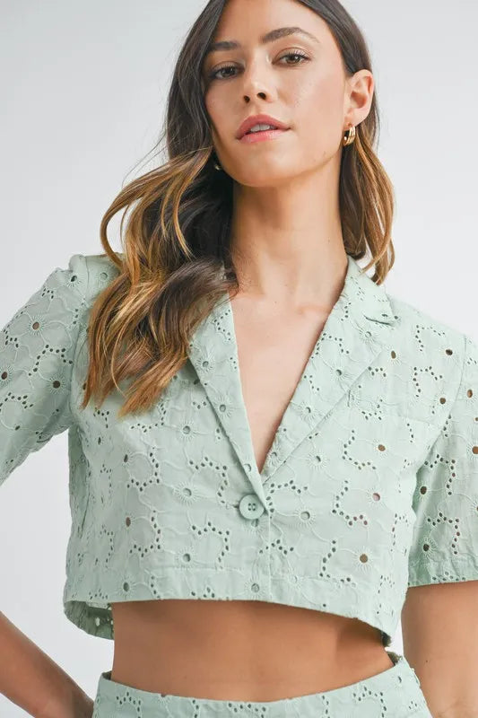 TEEK - Mint Eyelet Short Sleeve Crop Top Shorts Set SET TEEK Trend