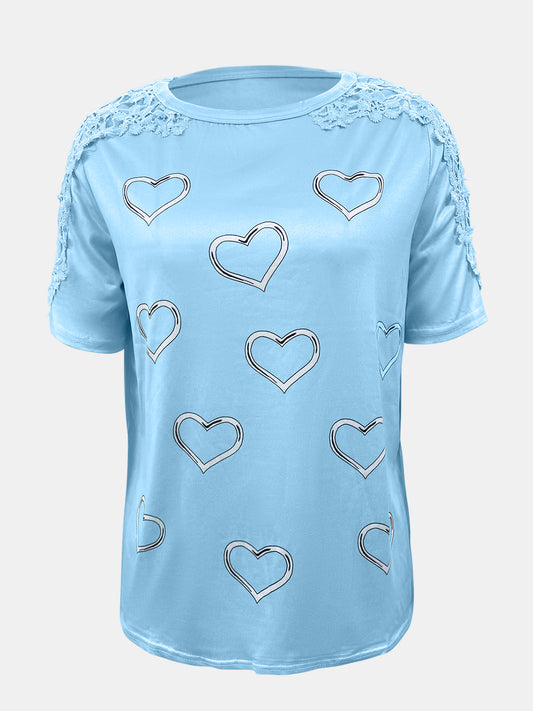 TEEK - Lace Detail Heart Round Neck Short Sleeve Top TOPS TEEK Trend