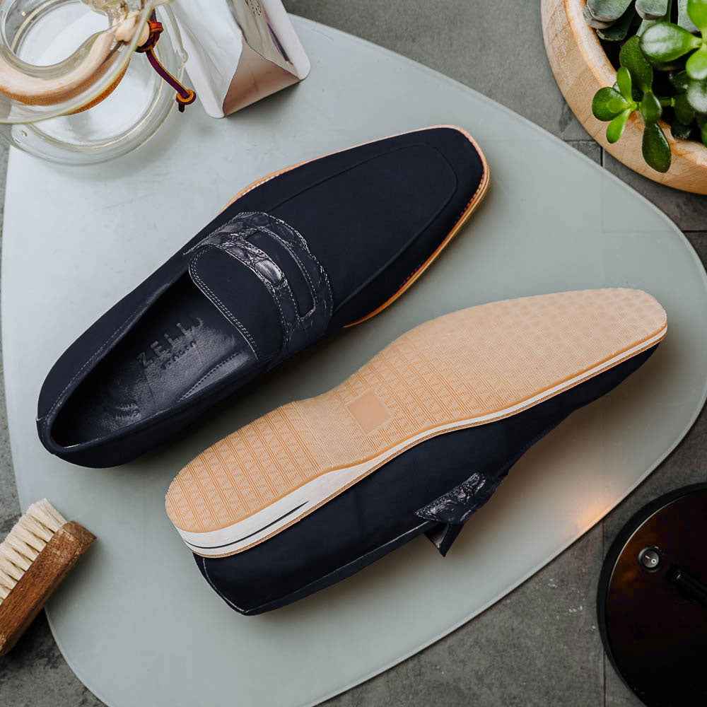 11-020-NVY MEO 3 Sueded Goatskin Penny Loafer, Navy Shop TEEK ZI