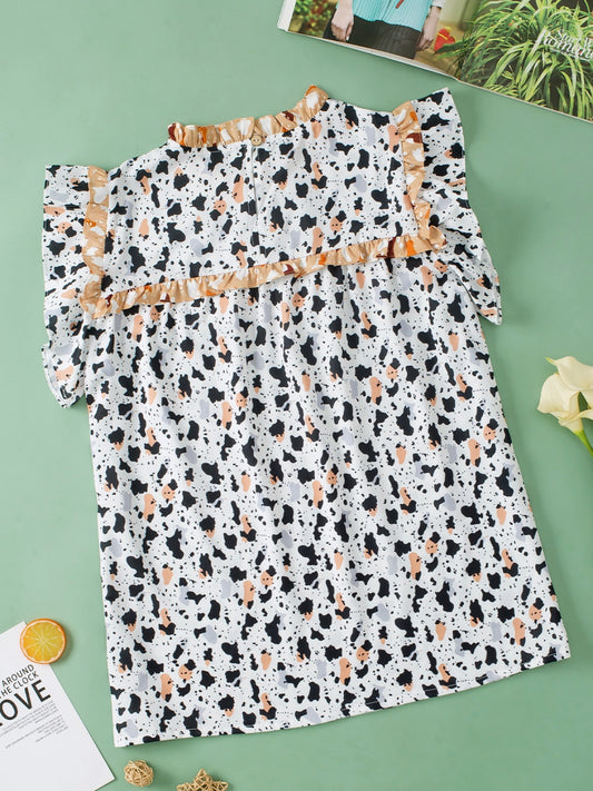 TEEK - White Ruffled Printed Mock Neck Cap Sleeve Blouse TOPS TEEK Trend