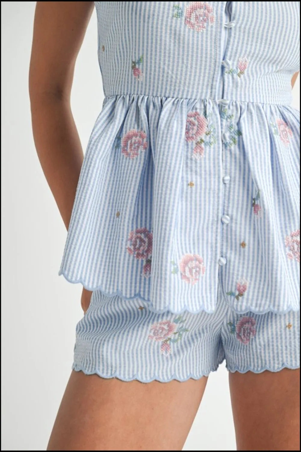 TEEK - Blue Stripe Embroidered Peplum Cami Shorts Set SET TEEK Trend