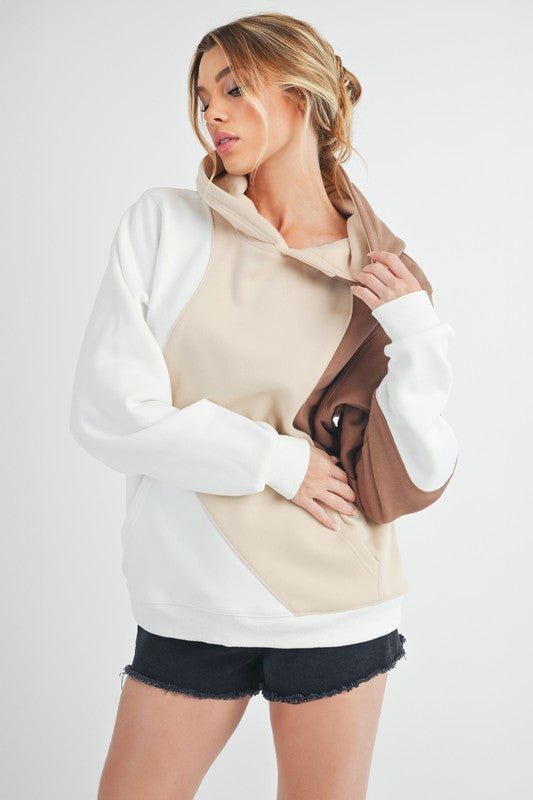TEEK - Sand Color Block Kangaroo Pocket Hoodie TOPS TEEK Trend