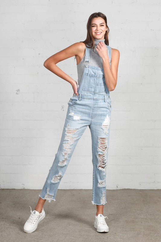 TEEK - Light Wash High Waist Heavy Distressed Straight Overalls OVERALLS TEEK FG