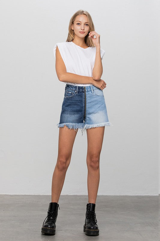 TEEK - Zipper Domination Long Fray Two Tone Denim Shorts SHORTS TEEK FG