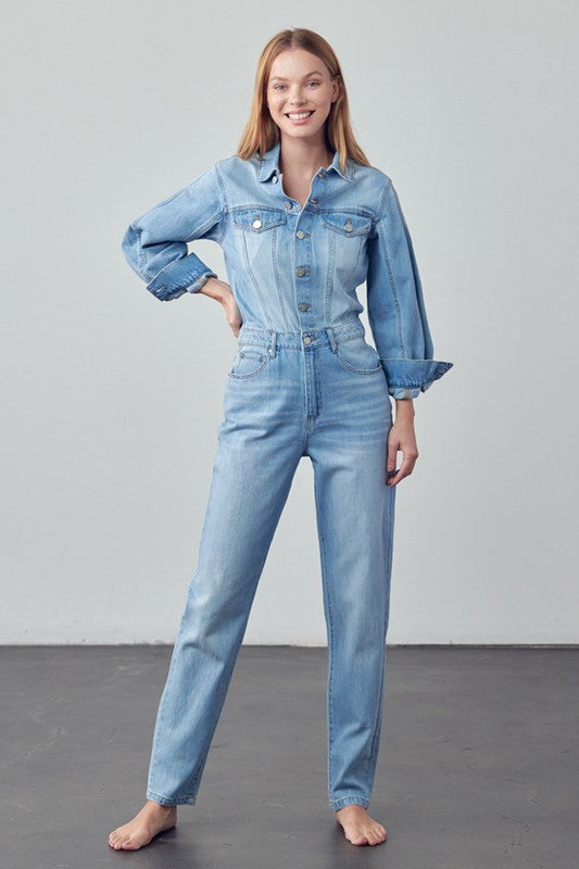 TEEK - MED WASH BALLOON SLEEVE JUMPSUIT OVERALLS TEEK Trend