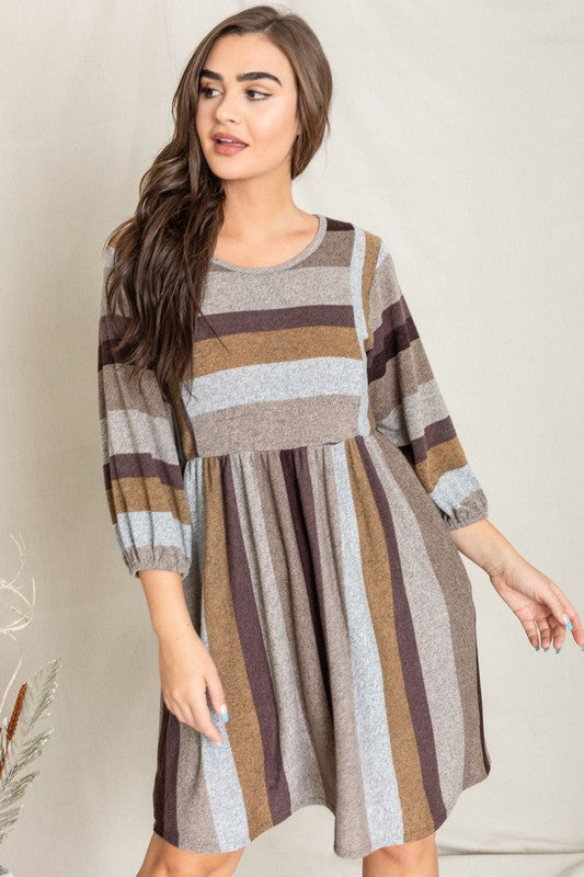 TEEK - Mix Stripe Balloon Sleeve Dress DRESS TEEK FG brown mocha S