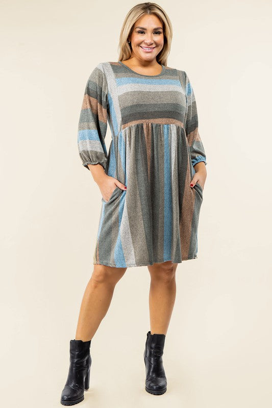 TEEK - Plus Size Mix Stripe Balloon Sleeve Dress DRESS TEEK FG