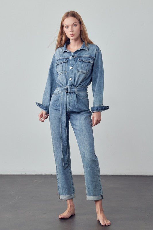 TEEK - Belted Collared Button Front Denim Jumpsuit JUMPSUIT TEEK FG
