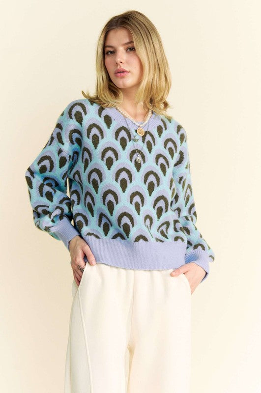 TEEK - Pastel Blue Scale Jacquard Drop Shoulder Sweater TOPS TEEK Trend