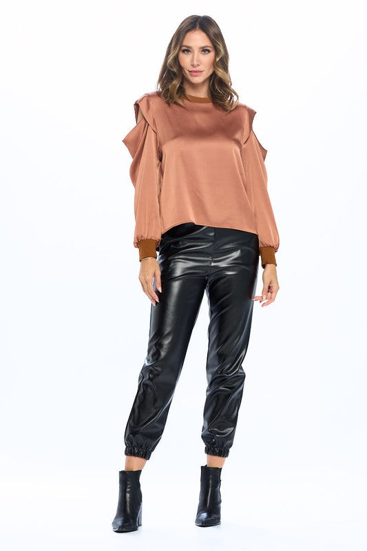 TEEK - Rust Satin Stretch Peep Shoulder Sweatshirt TOPS TEEK FG
