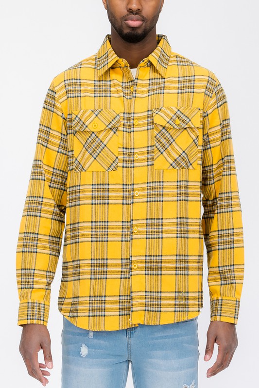 TEEK - LONG SLEEVE FLANNEL PLAID CHECKERED SHIRT TOPS TEEK FG YELLOW SKY S
