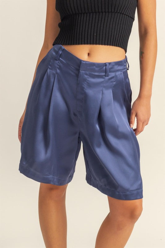TEEK - Dusty Blue High-Waist Pleated Satin Shorts SHORTS TEEK Trend