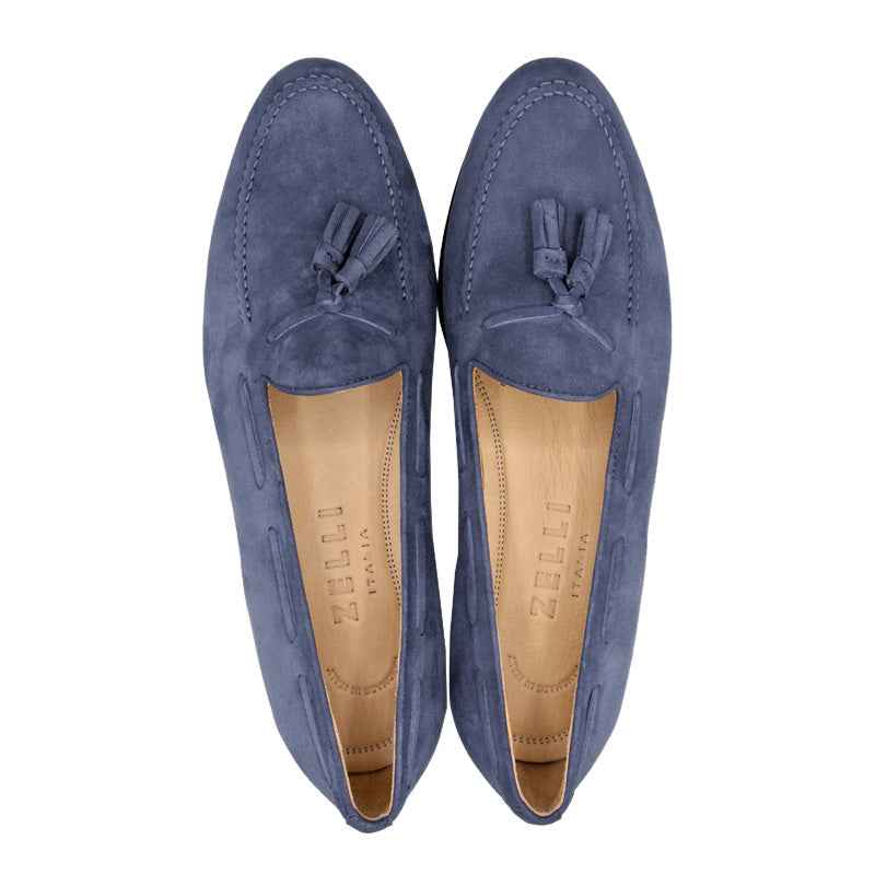 16-580-BLU NAPLES Italian Kid Suede Tassel Loafer, Blue Water Sale Zelli Italia