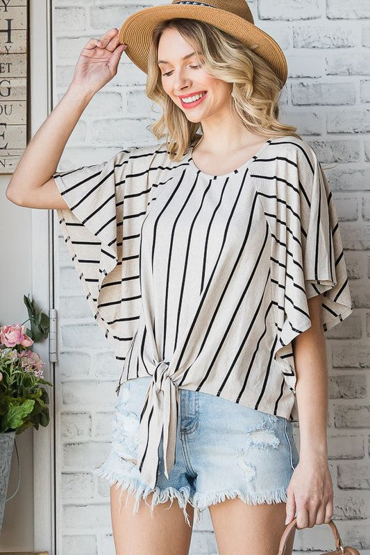 TEEK - GREY STRIPE TIE HEM ROUND NECK CAPE SLEEVE TOP TOPS TEEK FG