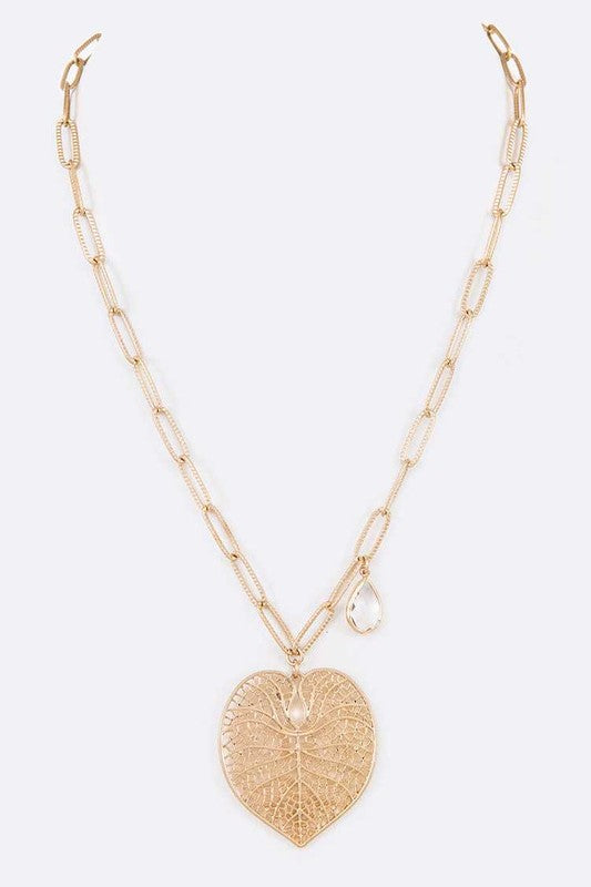 TEEK - Cutout Leaf Teardrop Crystal Pendant Necklace JEWELRY TEEK FG