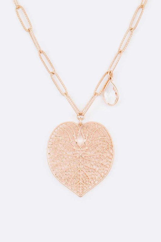 TEEK - Cutout Leaf Teardrop Crystal Pendant Necklace JEWELRY TEEK FG WASHED ROSEGOLD