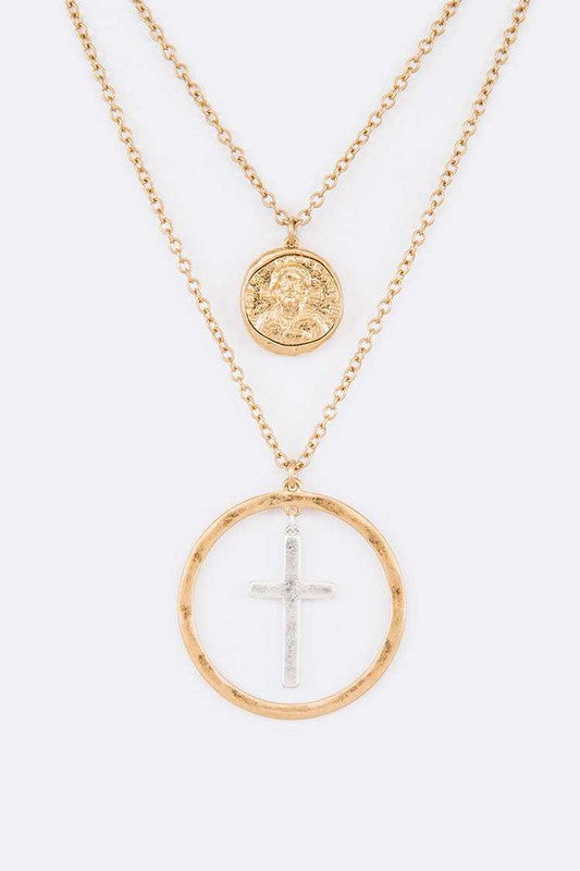 TEEK - Mix Tone Cross Coin Pendant Necklace JEWELRY TEEK FG WASHED GOLD/WASHED SILVER