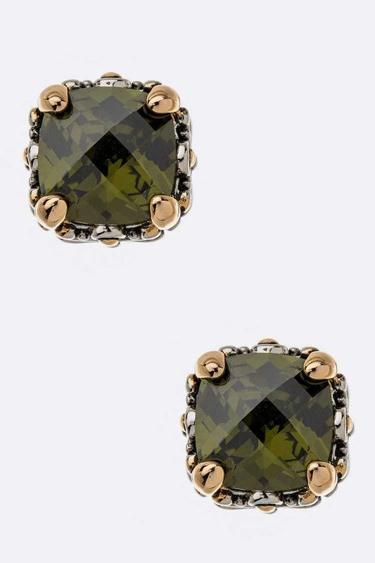 TEEK - CZ Designed 2 Tone Prong Set Cushion Stud Earrings JEWELRY TEEK FG Olive