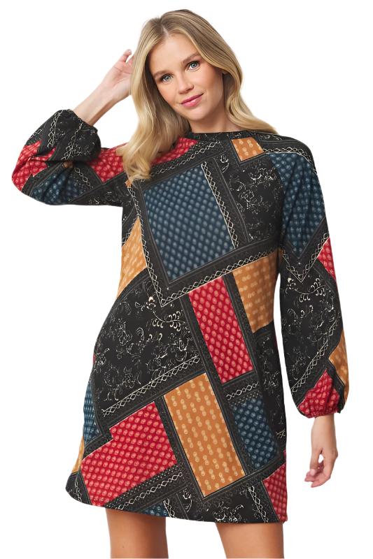 TEEK - Bishop Sleeve Multi Patch Pattern Dress DRESS TEEK FG Black Navy S