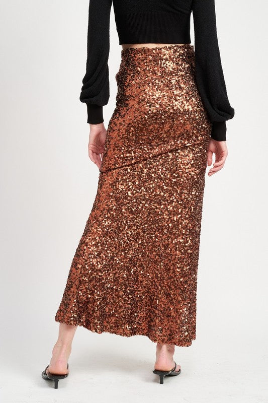 TEEK - BROWN SEQUINED HIGH WAIST MAXI SKIRT SKIRT TEEK FG
