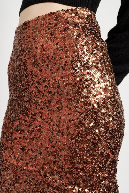 TEEK - BROWN SEQUINED HIGH WAIST MAXI SKIRT SKIRT TEEK FG