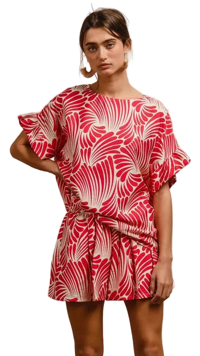 TEEK - Print Woven Ruffled Sleeves Top TOPS TEEK Trend FUCHSIA S
